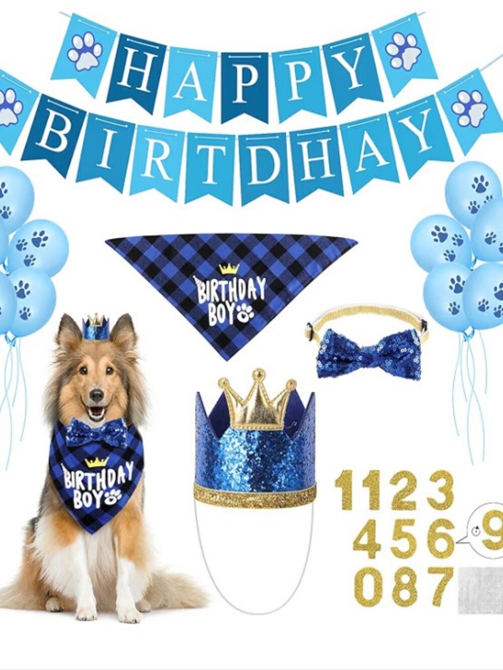 Dog Birthday Party Supplies Set Boy Blue Bandana Crown Banner Balloon Kit